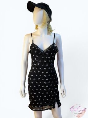 Wild Fable Butterfly Print Mesh Lace Trim Slip Mini Dress Black / Size S